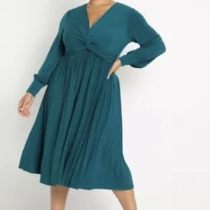 ELOQUII Teal Knotted Front Pleated Skirt Dress - Stretch Jersey